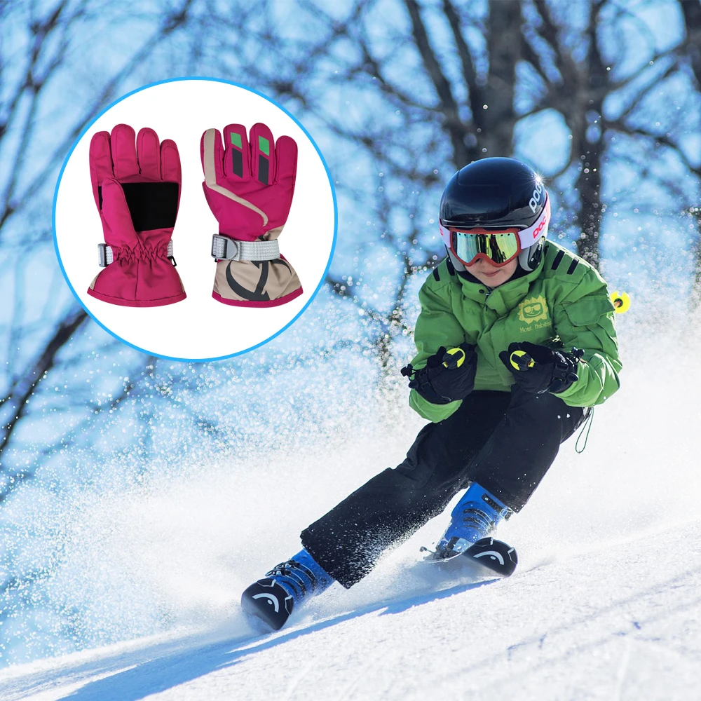 Children Boys/Girls Snowmobile Winter Warm Ski Gloves Sports Waterproof Windproof Snow Gloves Adjustable Ski Strap Skiing Gloves