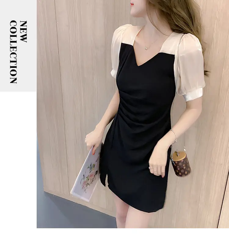 Dress Women Sexy Patchwork Leisure Holiday Party Female Side-slit Elegant Puff Sleeve Abdomen Two-length Fashion Design Summer party dresses for women