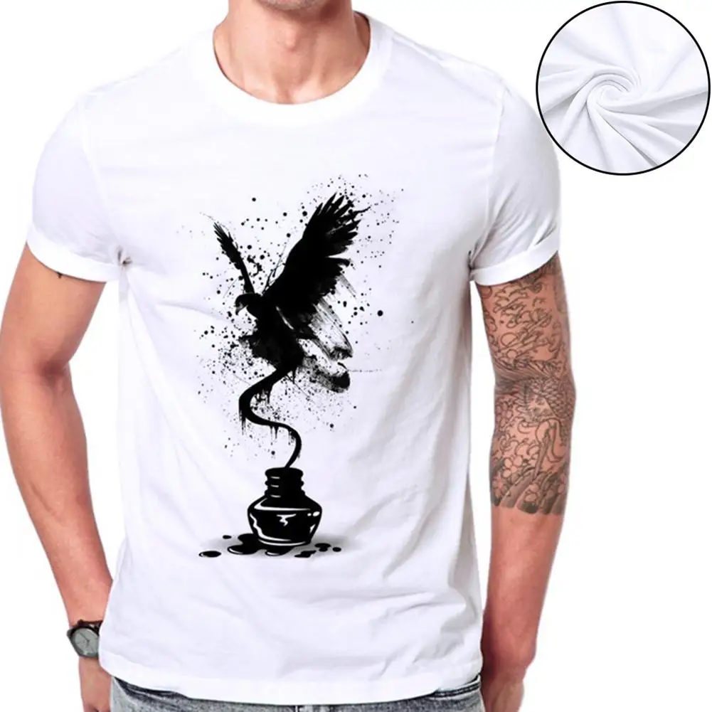 

Fashion Summer Men T-Shirt Solid Color Black Ink Birds Print T-Shirt O Neck Short Sleeve Tees Shirt Homme Men's Top Tees