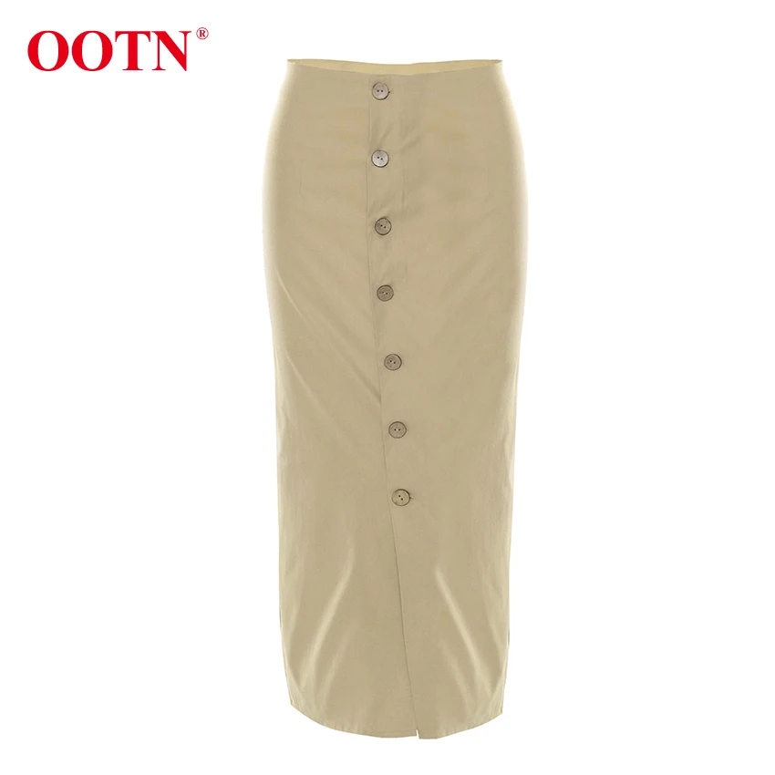OOTN, Осень-зима, элегантные длинные юбки с высокой талией, Женская офисная юбка, однобортная повседневная юбка средней длины цвета хаки, Женская юбка на пуговицах