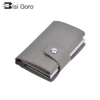 

BISI GORO RFID Mini Thin Pocket Women Card Wallet Metal Genuine Leather Wallet 2019 Card Case Money Bag Mini Smart Card Holder