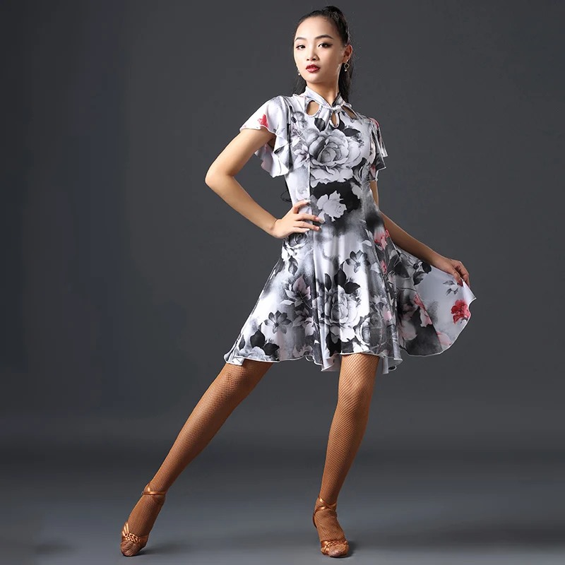 Платье для латинских танцев Daults Cheongsam платье с оборками на рукавах латинская ча Румба Самба Танго танцевальная юбка представление одежда DQS2498