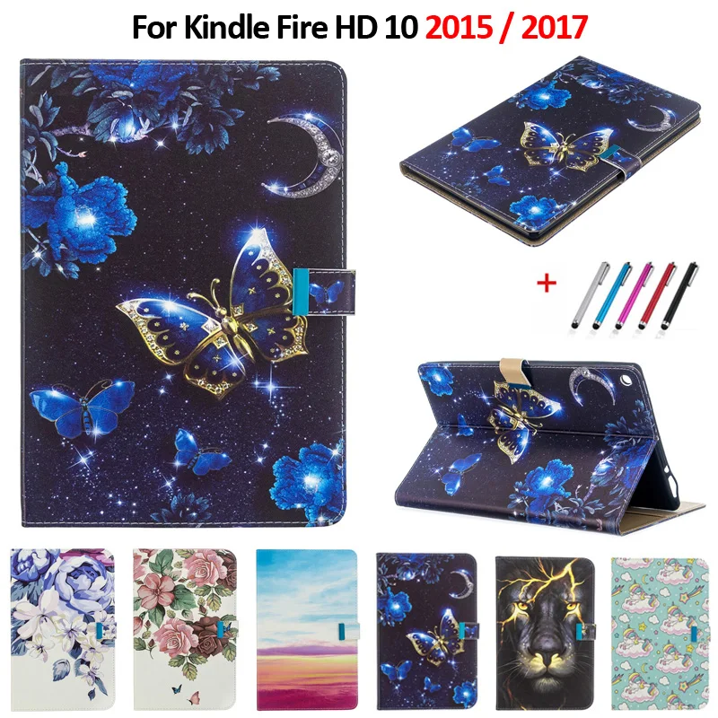 Чехол для планшета Amazon Fire HD 10 чехол с бабочками и цветами подставка 2015 2017 +