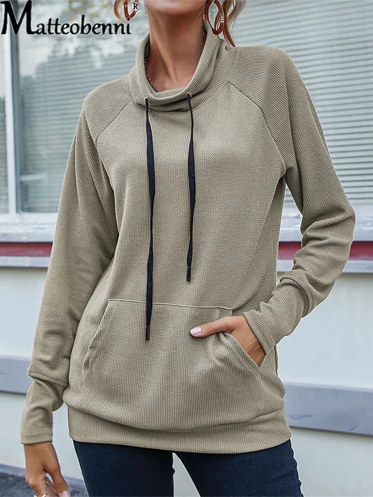 2021 New Autumn Winter Women Long Sleeve Turtleneck Sweatshirt Hoodie Fashion Solod Color Drawstring Kangaroo Pocket Pullover