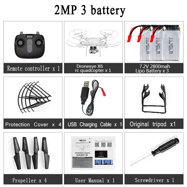 white 2MP 3Battery Droneeye X6 новейший Радиоуправляемый Дрон Квадрокоптер с 1080P Wifi FPV Вертолет камеры 20 мин Летающий Профессиональный Дрон - Цвет: white 2MP 3Battery