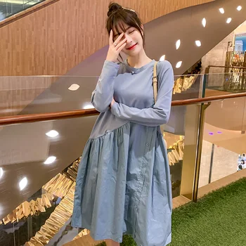 

1827# Irregualr Patchwork Cotton Maternity Dress Spring Korean Fashion Long Sleeve Loose Clothes for Pregnant Women Pregnancy