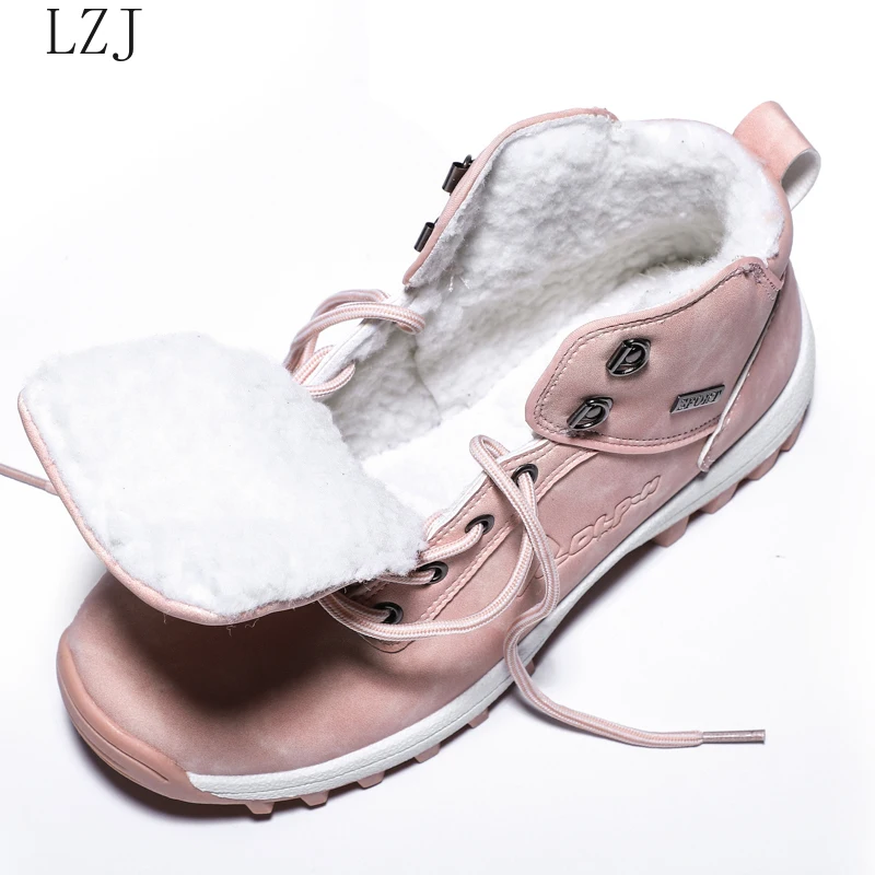 Winter Outdoor Plush Warm Snow Boots For Women PU Leather Waterproof Snow Shoes Pink Fashion Ankle Boots Woman Big Size 42