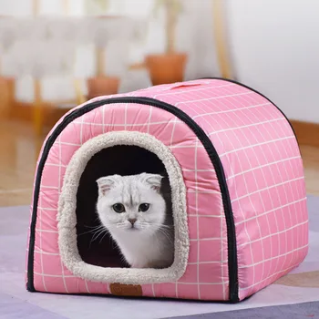 

Cat Kennel Winter Warm Dog House Comfortable Semi-closed Top Quality Pet Puppy Cave Print Design Washable Cat Sleeping Bed