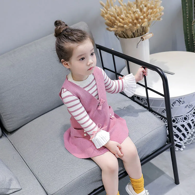 

2019 Spring And Summer New Style Medium-small Girls Stripes Knit Low Waist Jersey + V-neck Vest Dress Two-Piece Set Princess Dre
