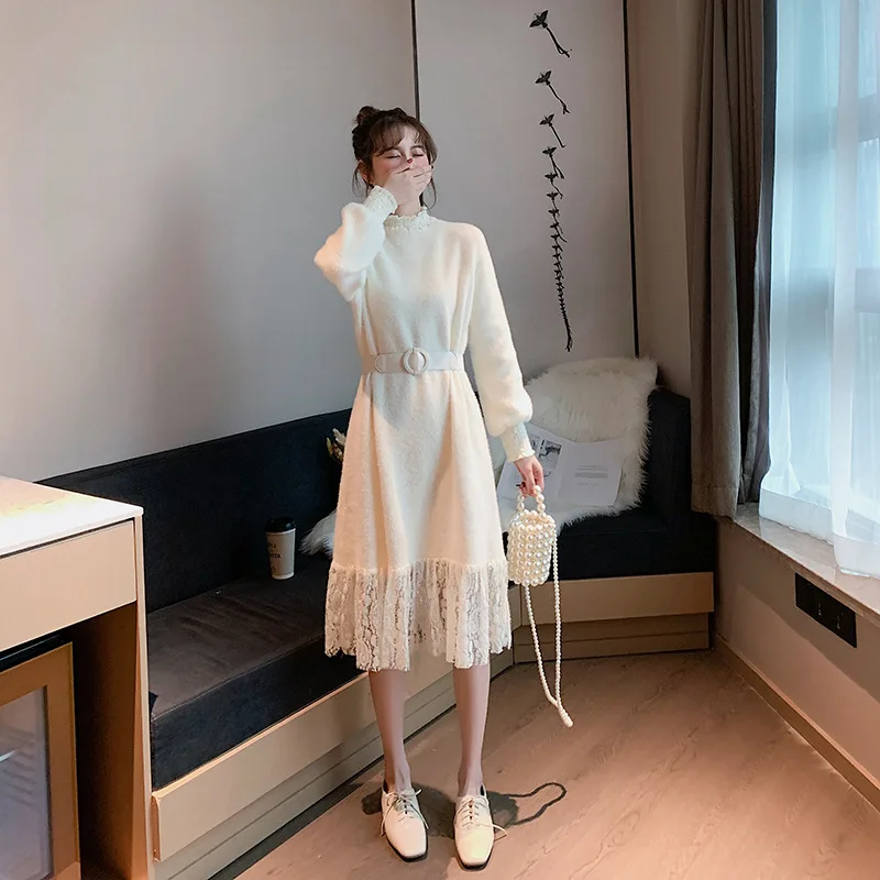 

like Mink Mid-length Joint Lace Dress Female Autumn and Winter Knitted Sweater 2019 Korean-style Versatile Laziness Wind