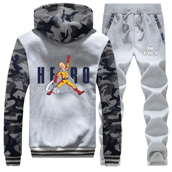 

Air Hero One Punch Man Winter Hot Sale Casual Hooded Mens Camouflage Warm Jackets Suit Sportswear Coat Thick+Pants 2 Piece Set