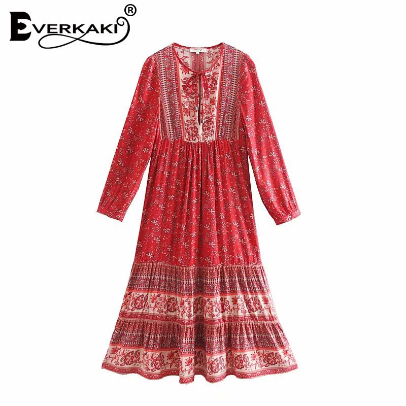 Everkaki цветочный принт женское длинное платье Boho осень зима Цыганская Шея завязывается винтажные женские повседневные платья Maxi женские Новинка