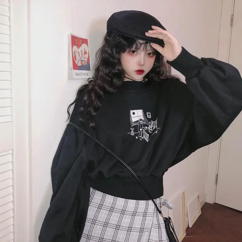 Осень и зима корейский Harajuku свободный короткий секционный пуловер с длинным рукавом Ретро Толстовка