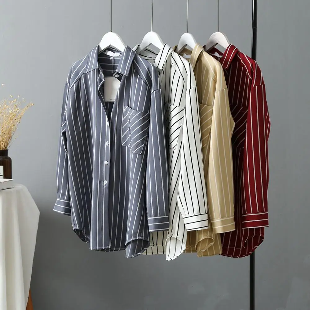 Women Blouse Women Long Sleeve Casual Buttons Shirt Ladies stripe loose OL Office Work Blouse Tops womens tops and blouses