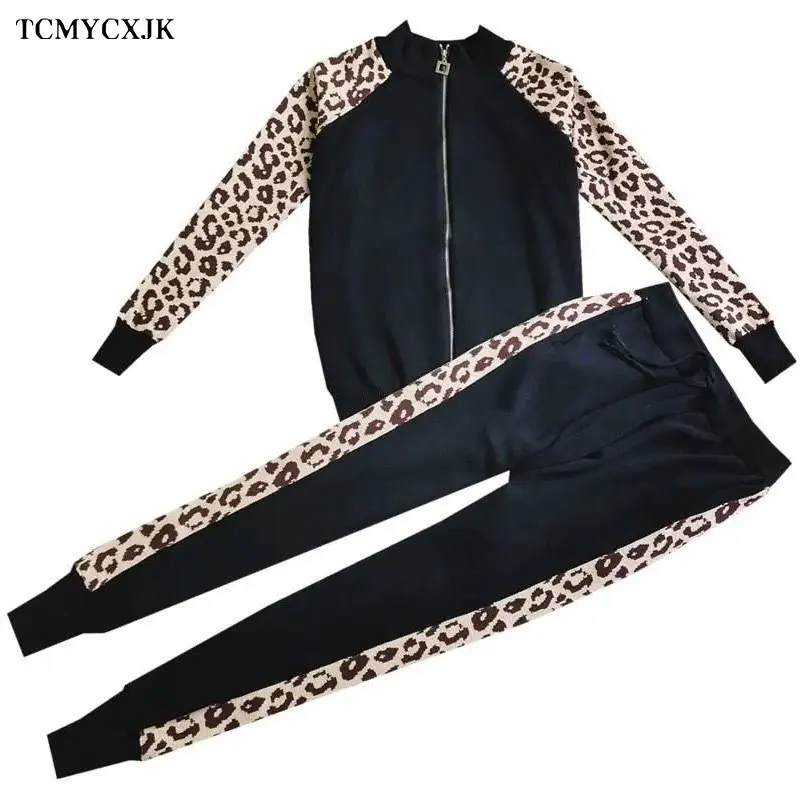 2022 Spring And Autumn New Sports And Leisure Women's Suit Leopard Knit Cardigan Sweater Jacket Two-piece Suits Pants Sportswear matching lounge set