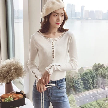 

2019 Women Sweater Knitting Autumn Long sleeve o-neck New Fashion Button Spring Solid Pullover Female Slim Soft Tops