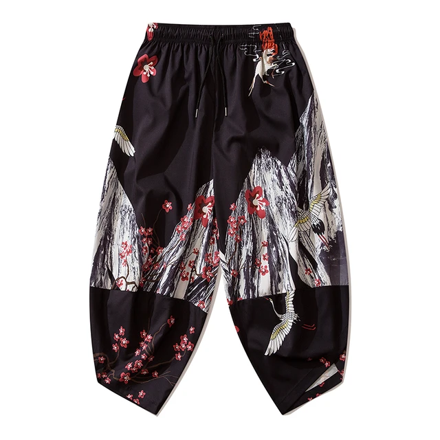 Bebovizi 2020 Japanese Style Harajuku Men Trousers Sakura Samurai Costume Loose Fashion Women Traditional Bloom Pants Haori 1613