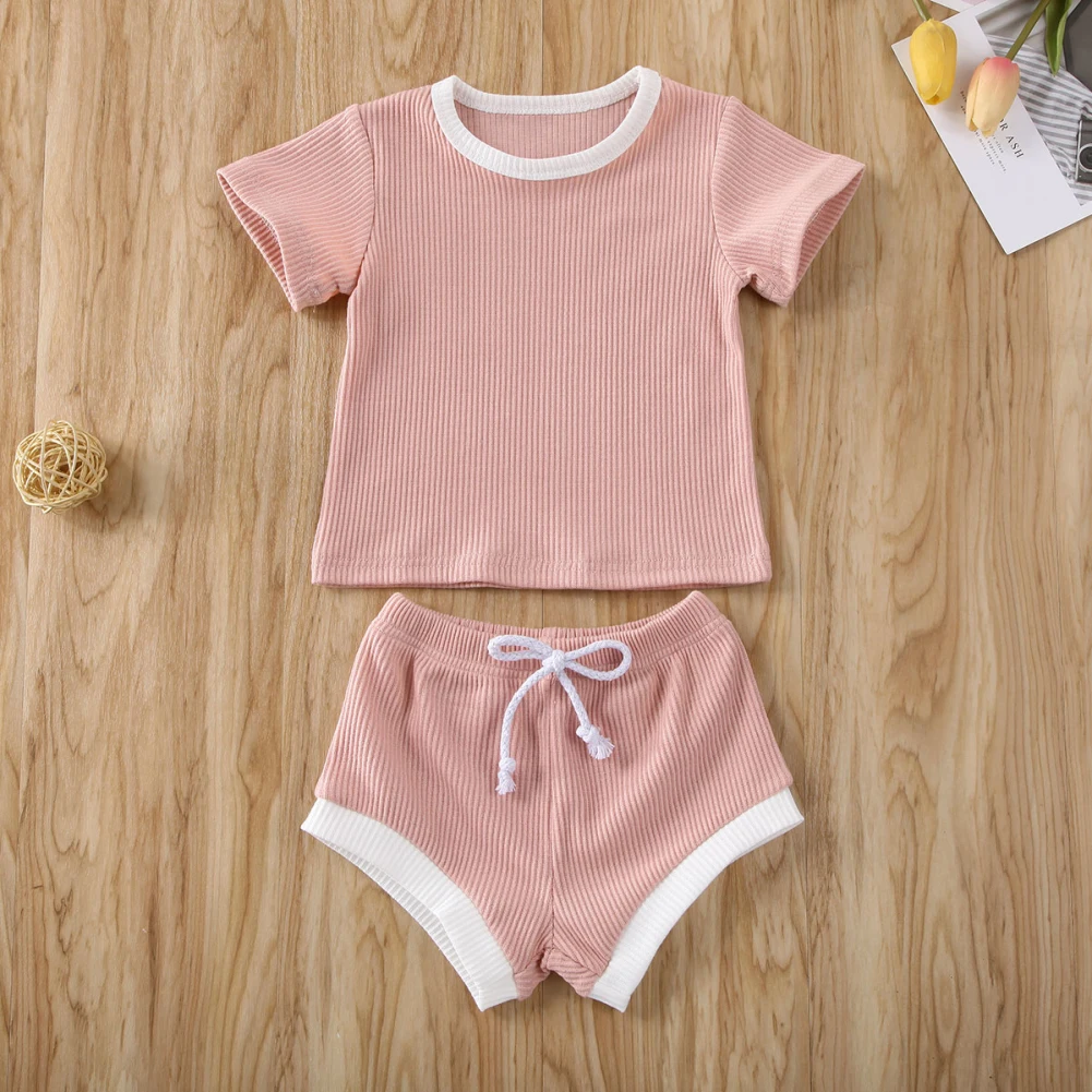 2020 Baby Summer Clothing Infant Baby Girl Boy Clothes Short Sleeve Tops T-shirt+Shorts Pants Ribbed Solid Outfits 0-3T baby clothing set long sleeve	