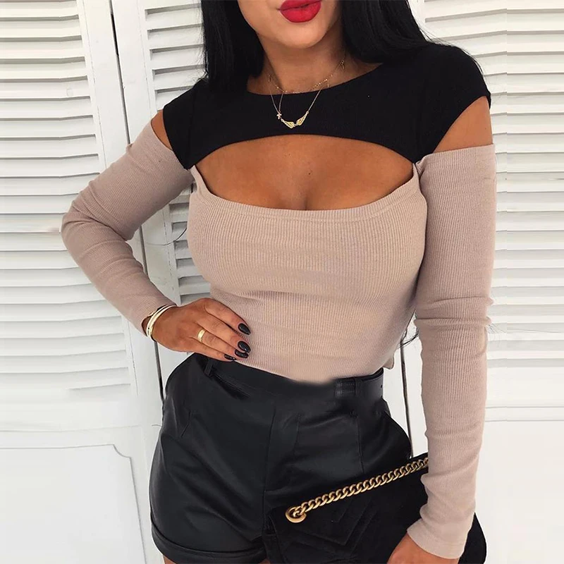 Sexy Off Shoulder Cut Off Patchwork Spring Shirts 2020 Women Hollow Out O Neck Elegant Blouse Autumn Long Sleeve Rib Tops Blusas Sexy Off Shoulder Cut Off Patchwork Spring Shirts 2020 Women Hollow Out O Neck Elegant Blouse Autumn Long Sleeve Rib Tops Blusas