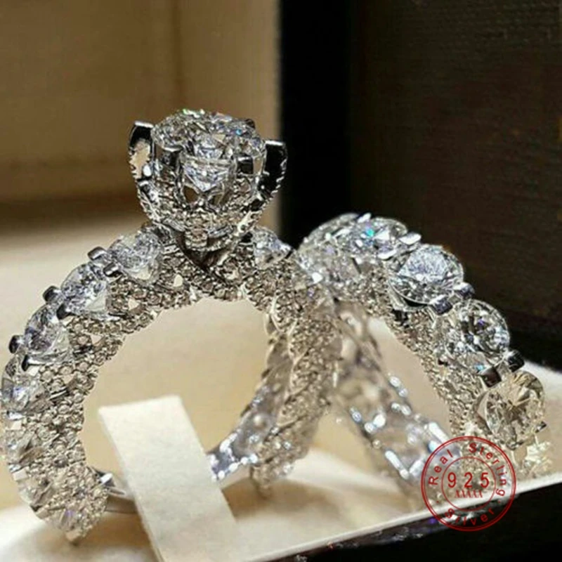 2020 Fashion 925 Sterling Silvery Luxury Crystal 2pc/set 2 In 1 Ring for Women Engagement Wedding AAA CZ Zircon Rings Jewelry | Украшения и