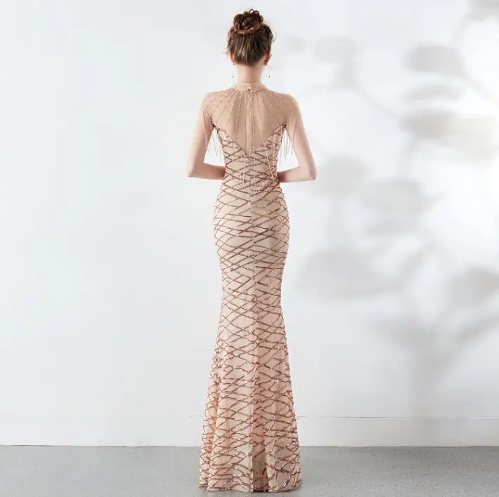 SVKSBEVS O Neck Sequined Gradient Color Mermaid Long Dresses Elegant Party Bodycon Crystal Chain Backless Maxi Dress