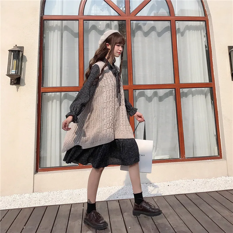 Японское осенне-зимнее женское платье в клетку с милым бантом для девочек-подростков и студенческий мягкий милый свитер, сарафан в школьном стиле - Цвет: Only apricot Sweater