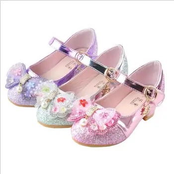 

Children Princess Shoes for Girls Party High Heel Sandals Fashion Flower Kids Glitter Leather Shoes Butterfly Knot Dress Wedding