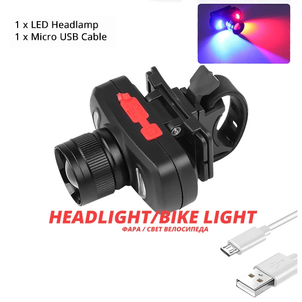 Package A Рыболовный светодиодный налобный фонарь для кемпинга USB велосипедная фара портативный красный синий белый свет водонепроницаемый налобный фонарь встроенный 18650 с Bycle клип - Испускаемый цвет: Package A