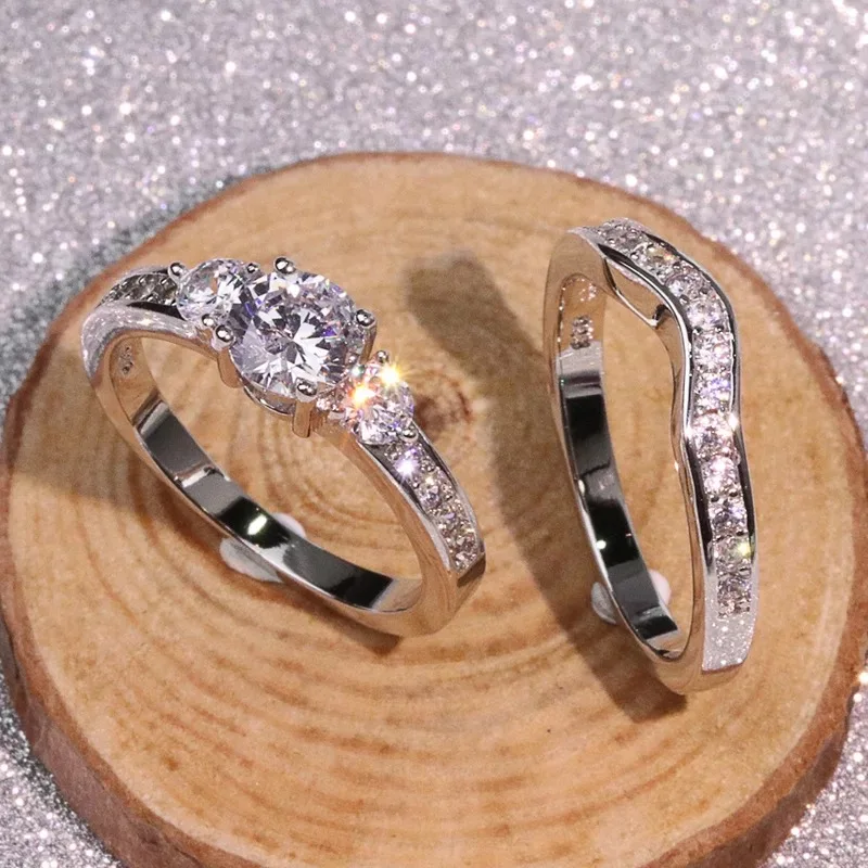 Skup T755 925 srebrny pierścień stets dla kobiet 1carat cyrkonia kamienny pierścień stets 2 sztuk