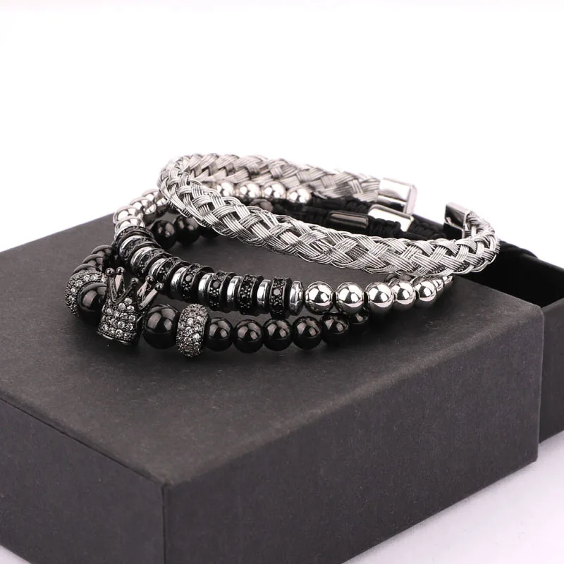 3PC/SET Men Jewelry Bracelet Set CZ Pave Crown Charm Bracelet Stainless Steel Bangle Beaded Macrame Bracelet - Image 2