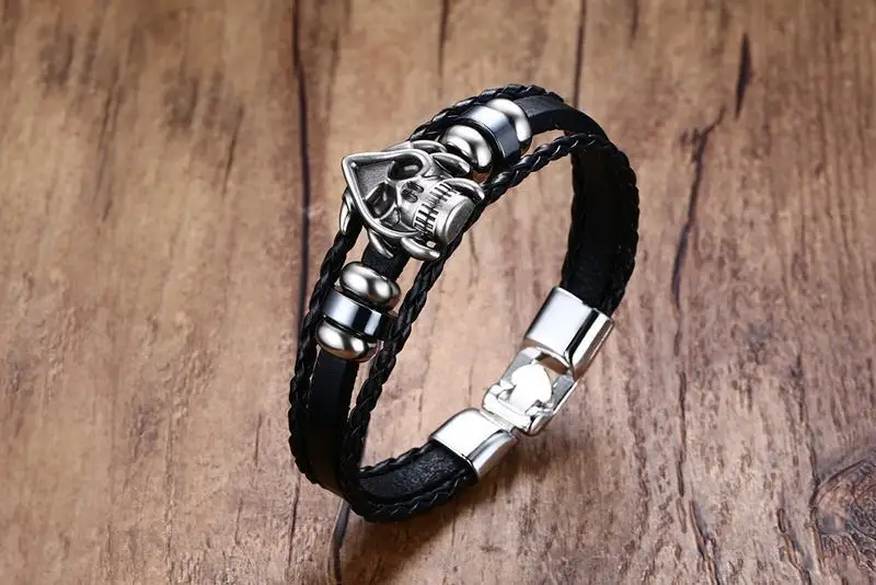 Панк рок мужские черные прочные кожаные браслеты Готический мужской браслет из нержавеющей стали Скелет Pulseiras Masculinas