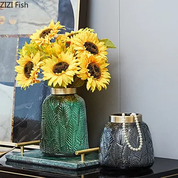 

Transparent Glass Vases Embossed Leaves Texture Vase Flowers Insert Office Study Desktop Flowers Pot Floral Home Decoration