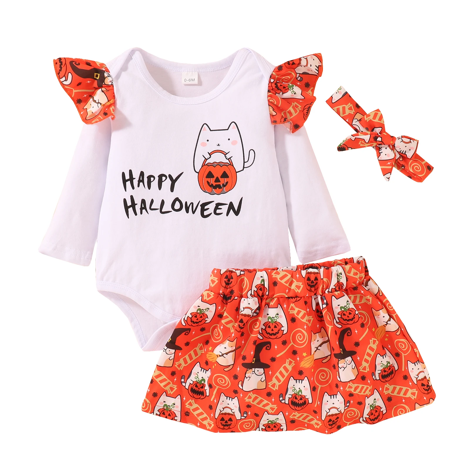 

3PCS Baby Girl Clothes Halloween Sets Long Sleeve Ruffle Print Romper Cartoon Pattern Skirt Headband Children's Clothing 0-24M