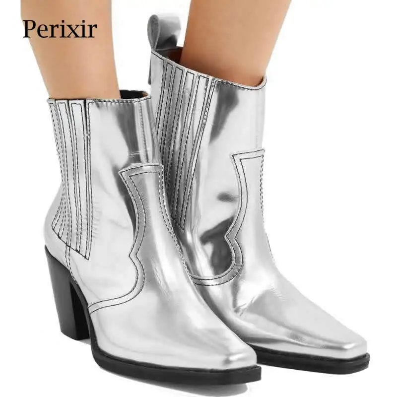 

2020 New Fashion Autumn Square Toe High Heels Boots Silvery PU Leather Boots Women's boots Spring Wedgie Ankle Boots for Women