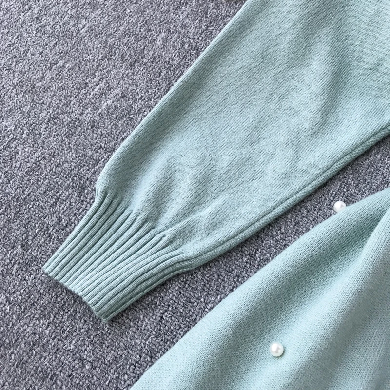 ALPHALMODA женский свитер с бисером+ кружевное платье 2 шт. очаровательный костюмчик длинный рукав ногтей бусина с поясом Женское зимнее 2 шт. повседневное вязаное платье