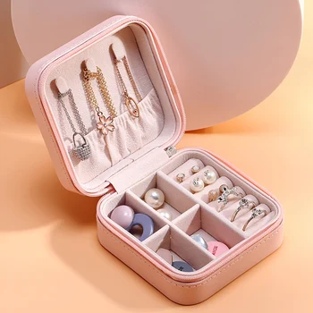 

Fashion PU Fiber Jewelry Storage Box Earring Ring Necklace Jewelry Storage Box Portable Zipper Girl Lipstick Cosmetics Beauty Bo