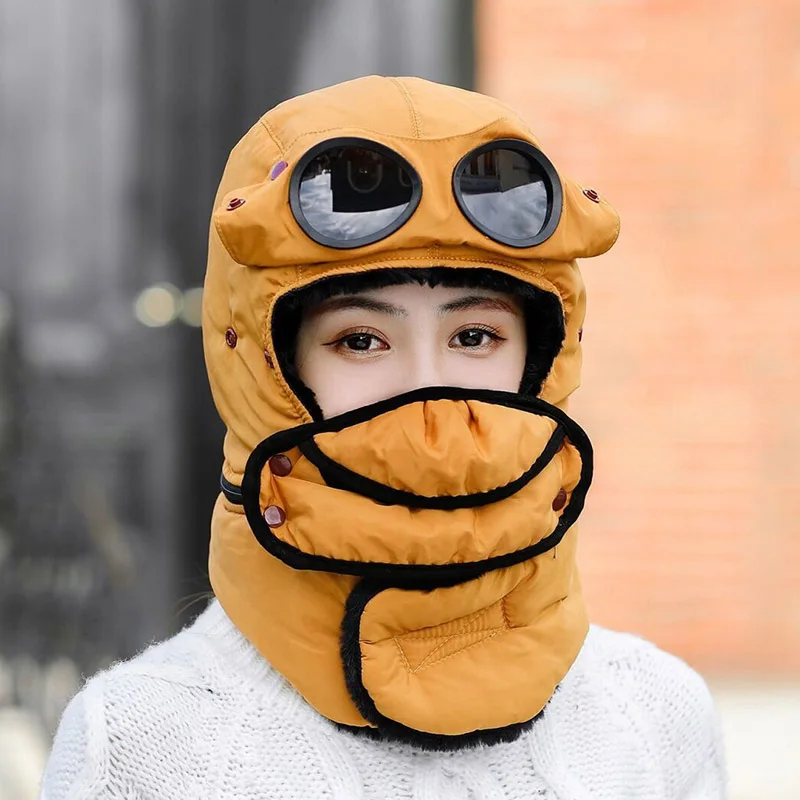 yellow hat scarf Women's Russian Ushanka snow skiing Hat caps women earflap winter hat with mask glasses raccoon fur bomber Hat - Цвет: yellow hat scarf