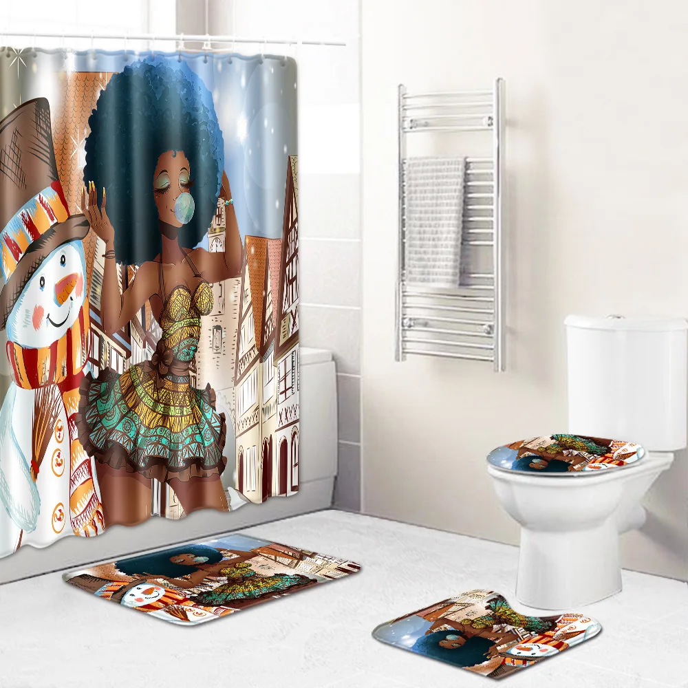 Bath Mat Set 4pcs African Woman Polyester Shower Curtain Set Non Slip Rugs Carpet for Bathroom Toilet FlannelJ190901