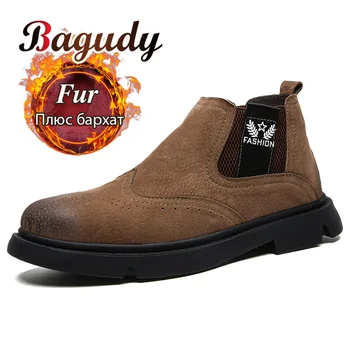 

Winter New Plush Warm Men Chelsea Boots Genuine Leather Men Snow Boots Fashion Winter Men Shoes High Quality Casual Boots 48