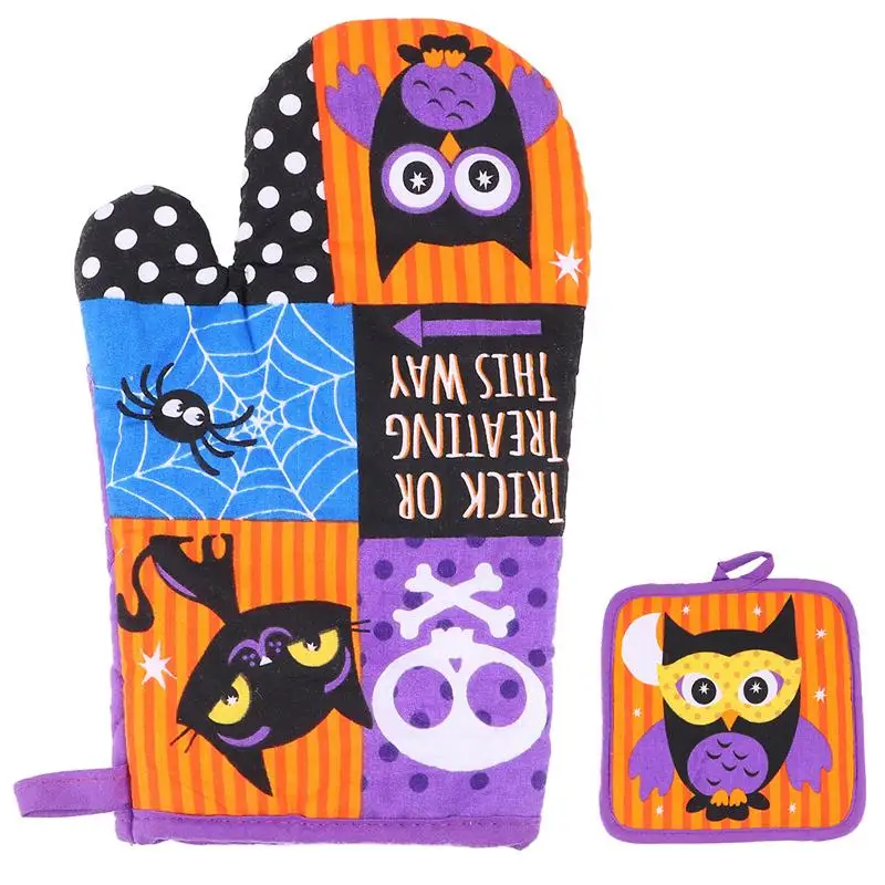 

1 Set 2pcs Heat Insulated Kitchen Gloves And Pad Halloween Pattern Oven Gloves Heat Insulated Pad Kitchen Baking Cooking Tools