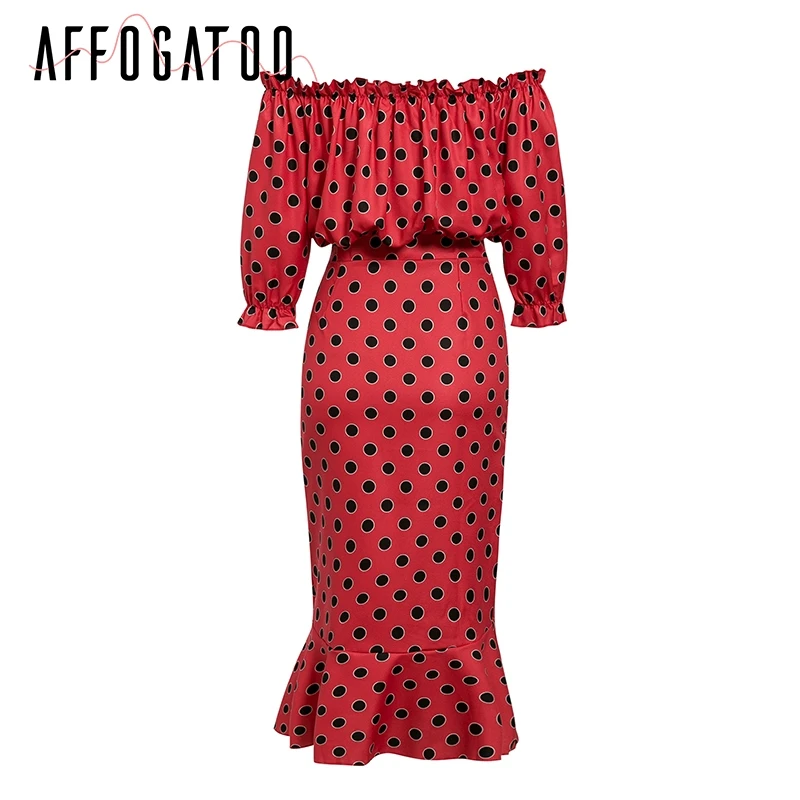 Afogafoo сексуальное красное платье с открытыми плечами в горошек женское элегантное длинное платье с оборками и высокой талией осенне-зимние повседневные платья для девушек