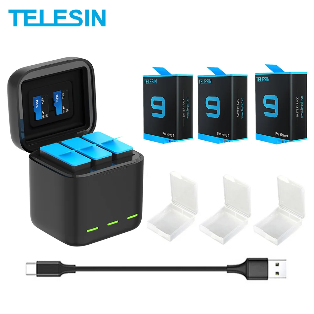 

TELESIN 3Pack Battery 1750 mAh for GoPro Hero 9 3 Ways LED Light Battery Charger TF Card Battery Storage For GoPro Hero 9 Black