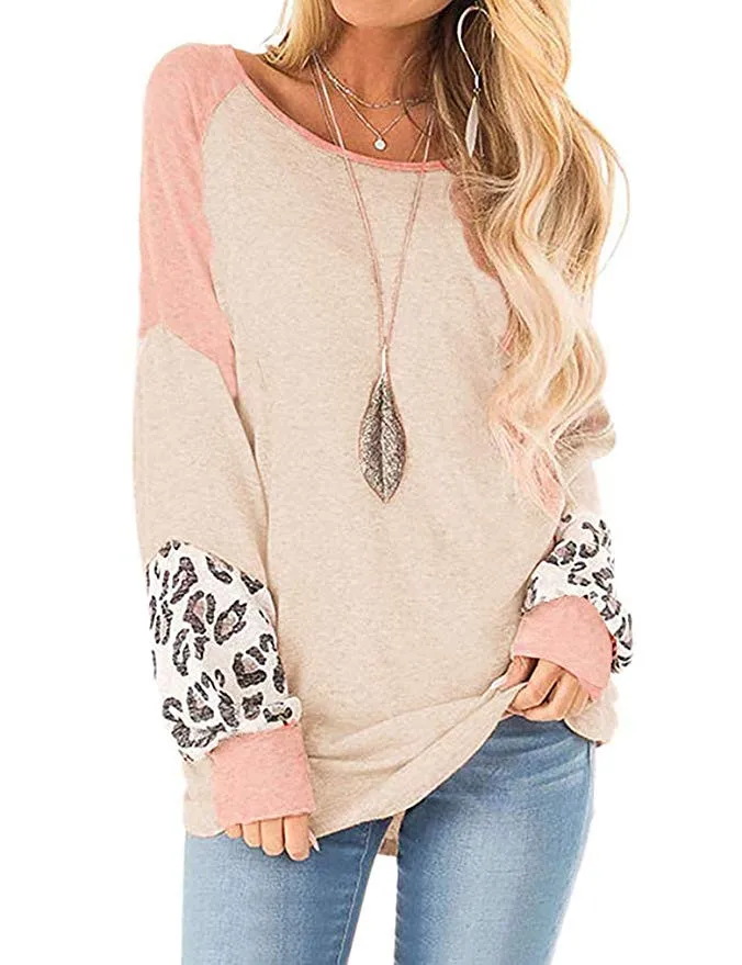 2019 ladies leopard solid color stitching long-sleeved shirt sweater 
