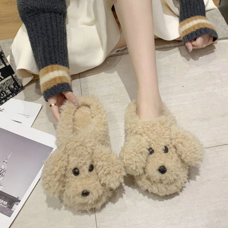 

New Fur Dog Slippers New 2020 High Quality Cute Cartoon Animal Women Winter Warm Plush Home Fluffy Slides Cotton House Shoes