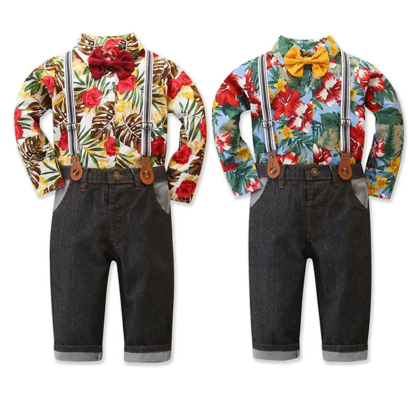 USA Baby Kid Boys Long Sleeve T-shirt+ Bib Pants Overalls Party Clothes Outfit