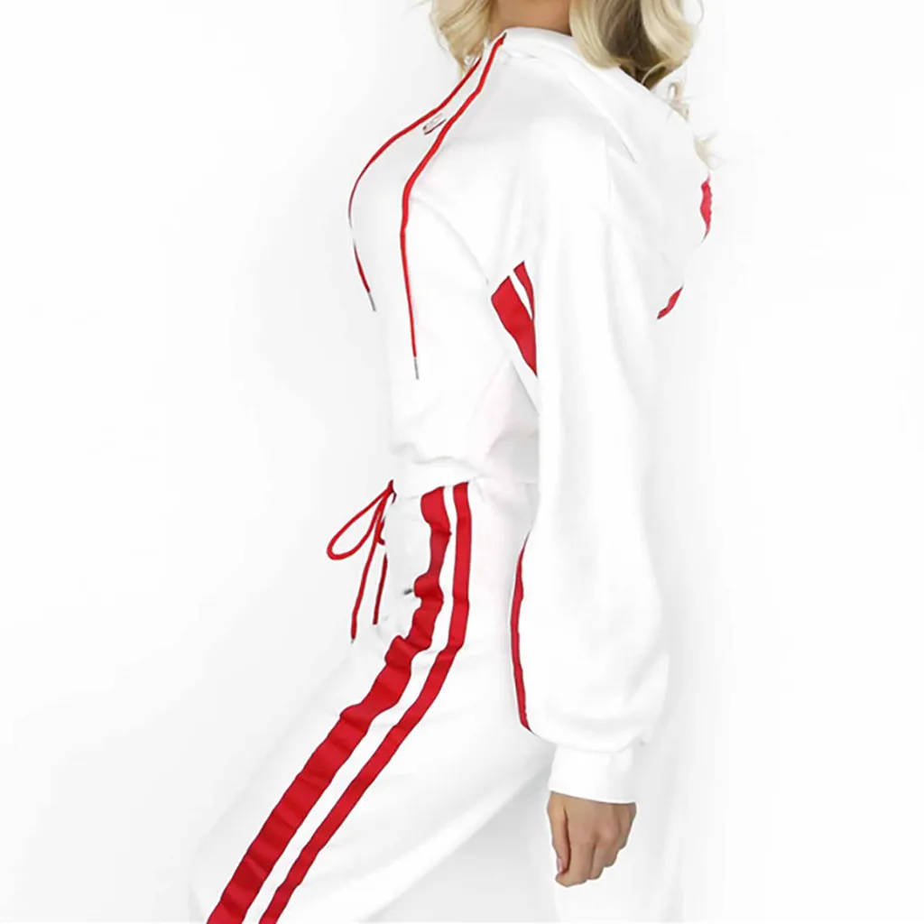 Женский комплект 2 шт. спортивный костюм для женщин с буквенным соединением со шнуровкой, штаны с длинным рукавом, топы с капюшоном, толстовки, комплект спортивной одежды для фитнеса# g4