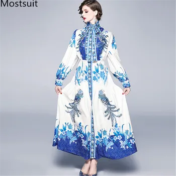

2020 Spring Runway Fashion Vintage Printed Long Maxi Women Dress Lantern Sleeve Stand Collar Elegant Shirt Dresses Vestidos