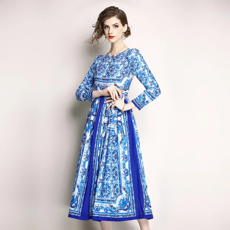 

Ozhouzhan Trend WOMEN'S Dress 2018 New Products Positioning Printed Fashion Slim Fit Blue And White Porcelain Long Full Body Dre