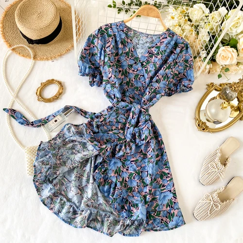 new fashion women's clothing Ruffles Above Knee, Mini Print dresses women dress - Цвет: Синий
