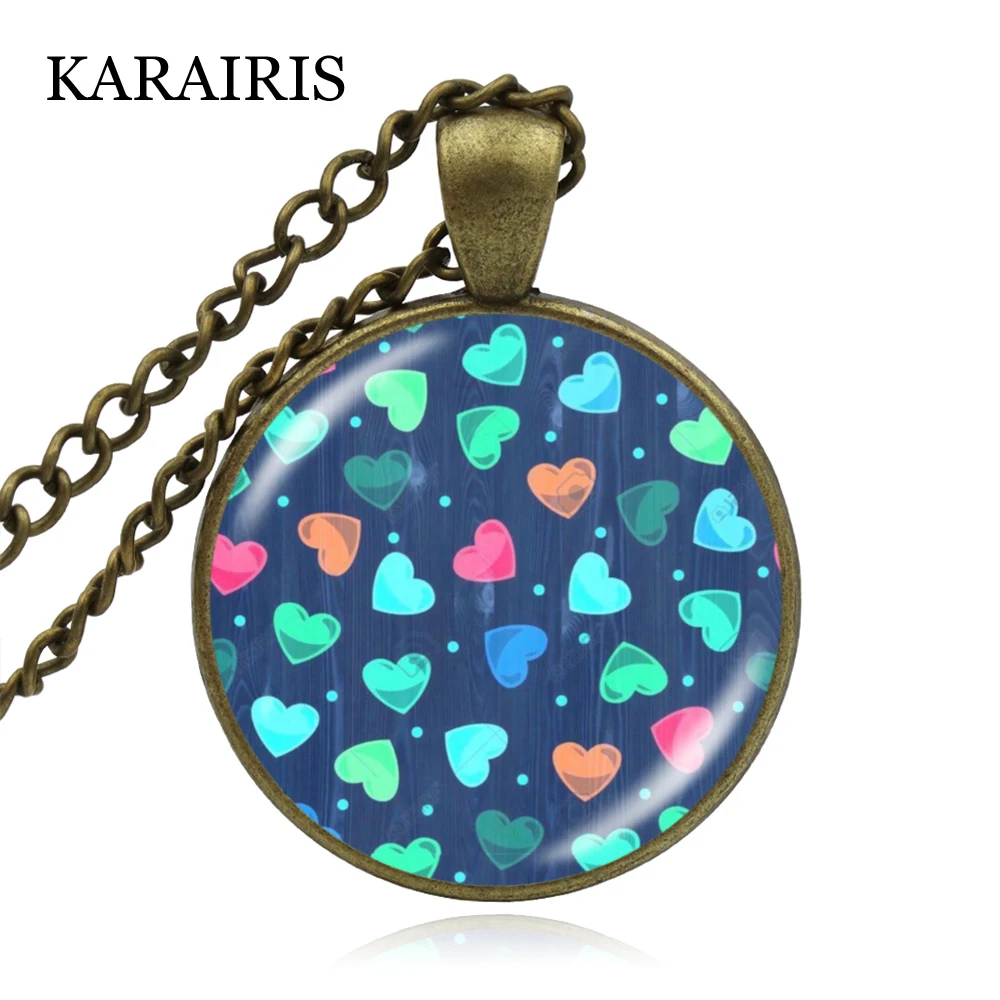 

KARAIRIS Fashion Colorful Heart Necklace Art Picture Glass Cabochon Pendant Necklaces Handicrafts Gift for Lovers Choker